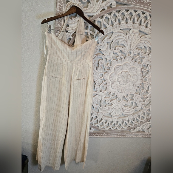 Zara Women’s Striped Linen Halter Neckline Button Up Vest Design Jumpsuit - Picture 7 of 12